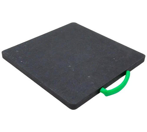 2 Pack Heavy Duty 18x18x1 Stabilizer Pads With Contoured Handles Built Tough From Uhmwpe High Density Polyethylene For RV Crane And Wrecker Work Pro Grade Construction, featuring green handle.