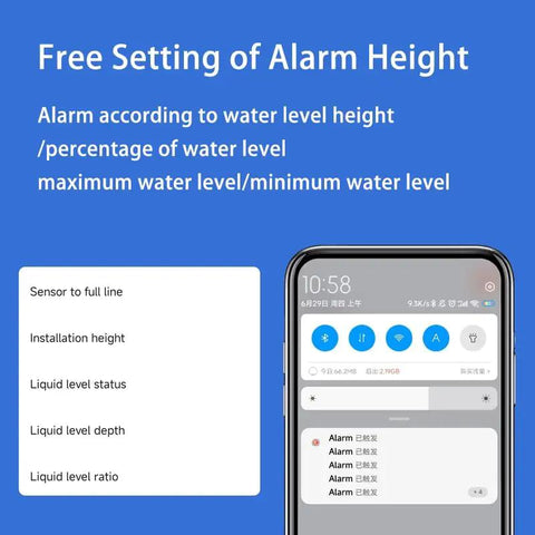 Smartphone showing WiFi Tank Level Monitor Sensor With Ultrasonic Contactless Readings IP67 Waterproof 10Cm To 3M Range Tuya app