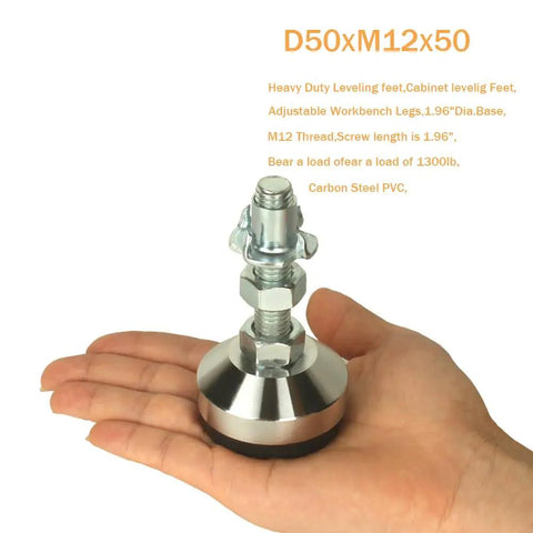 Hand holding Heavy Duty Adjustable Furniture Leg Levelers With 1.96 Inch Base, M12 Thread, 1300 Lb Capacity, Threaded Inserts