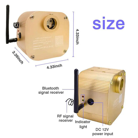 Lit 16W RGBW Bluetooth App Controlled Fiber Optic Star Ceiling Kit engine unit with dimensions and ports labeled.