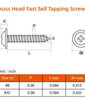 Tough As Nails Number 8 X One Half Inch Truss Head Self Tapping Wood Screws diagram with size and specifications.