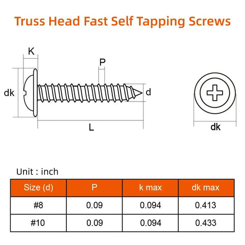 Tough As Nails Number 8 X One Half Inch Truss Head Self Tapping Wood Screws diagram with size and specifications.