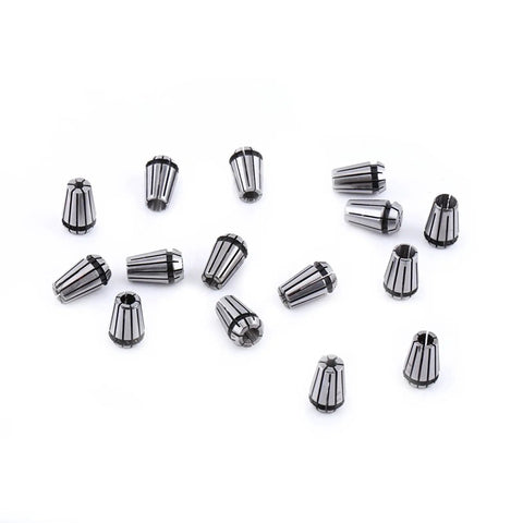 15 Piece ER11 Spring Collet Set Pro Grade High Precision 65Mn Spring Steel scattered on white background