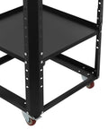 Heavy Duty Rolling Planer Stand With Buttery Smooth Glide Wheels And Pro Grade Adjustable Height Workbench Setup For Miter Saws And Bench Tools showing black steel frame and wheels.