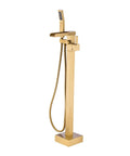 Solid Brass Floor Mount Bathtub Faucet Free Standing Tub Filler with Hand Shower Swivel Spout Brushed Brass Brushed Gold High Flow Rate