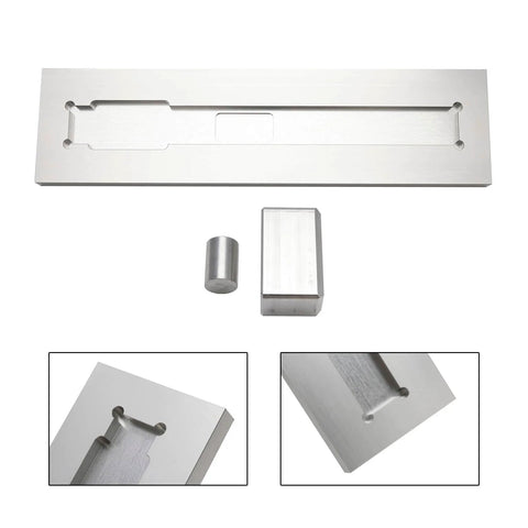 Aluminum Welding Jig Kit For PM-63 Rak Alignment shown in three pieces: main plate, cylinder, and block, illustrating adjustable and durable construction.