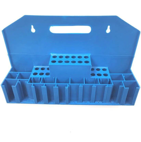 Blue storage rack for 58 Piece Milling Machine Clamping Kit Built Tough With 7/16 Inch T Slot, organized compartments for tools.