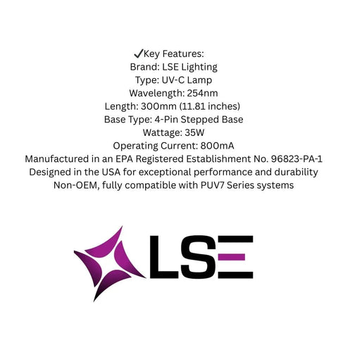 Key features and specs of Replacement UV Bulb PUV-7 Lamp For PUV7 Series Water Systems with LSE Lighting logo