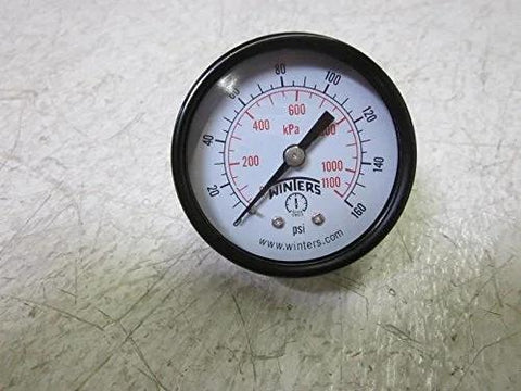 Front view of Winters 2-inch dial pressure gauge with steel case; dual psi/kPa scale.