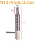 Heavy Duty M12 Retractable Indexing Plunger Pin 4 Pack Stainless Steel Spring Loaded Latch 73mm size shown with measurements.