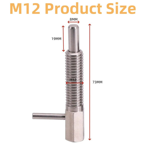 Heavy Duty M12 Retractable Indexing Plunger Pin 4 Pack Stainless Steel Spring Loaded Latch 73mm size shown with measurements.