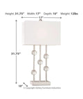 Jaala Modern Glam Metal And Crystal Table Lamp In Silver 31.75 Inch Tall With Crystal Accents, showing dimensions.
