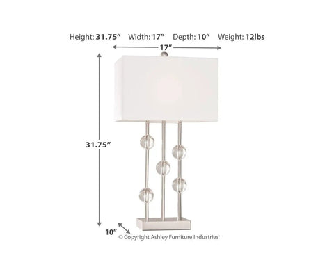 Jaala Modern Glam Metal And Crystal Table Lamp In Silver 31.75 Inch Tall With Crystal Accents, showing dimensions.