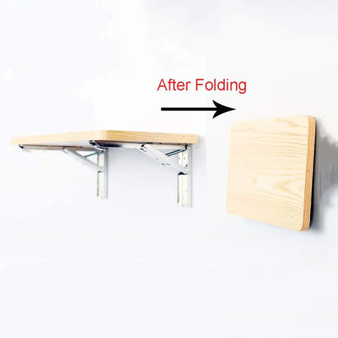Heavy Duty Folding Triangle Brackets For Shelves showing wooden shelf after folding with stainless steel support.