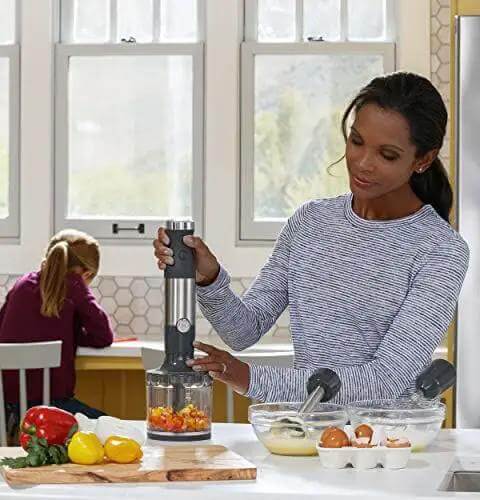 No Sweat 500 Watt Stainless Steel Immersion Blender With Removable Whisk And Spout Blending Jar for thick smoothies in kitchen.