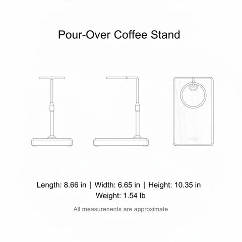 Adjustable Wooden And Aluminum Pour Over Coffee Stand dimensions 8.66x6.65x10.35 inches, designed for mugs and carafes, heavy-duty use.