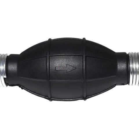 Close-up of 8mm black primer bulb rubber fuel pump with arrow, used in marine boats and small engines, durable rubber aluminum construction