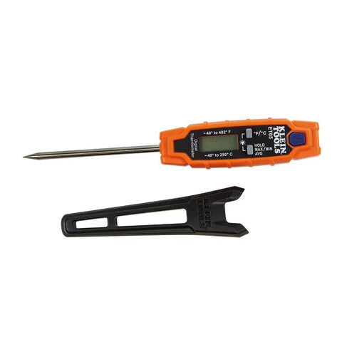 Handy Digital Pocket Thermometer for HVAC and Home Use with backlit display, orange casing, and protective black sheath
