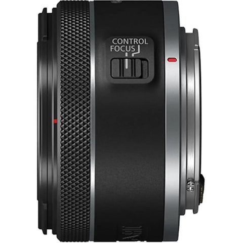 Side view of RF 50mm F1.8 STM Lens Bundle With UV Filter and Lens Cap Keeper, showing control focus switch.