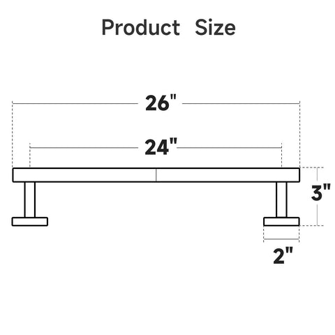 Matte Black Towel Bar 24 Inch Wall Mounted Stainless Steel Towel Rack split in two parts for total length 26 inch dimensions diagram