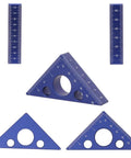 Pro Grade Aluminum Isosceles Right Triangle Ruler With 45/90 Degree Layout, Thickened Body, Imperial And Metric Scales, shown in blue.