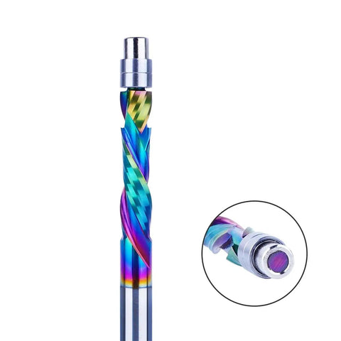 Premium DLC Coated Carbide Router Bits Featuring Guide Bearing Six Millimeter Shank Dual Flute Spiral Profile Flush Trim Woodworking Accessory Built Like A Tank Cuts Smooth As Silk For Killer Shop Jobs Two Pack, showing colorful spiral profile.