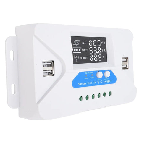 40A Solar Charge Controller With LCD Display And Four USB Ports For LiFePO4 Battery Systems, Weatherproof IP32 Enclosure, Easy Energy Management For Your Solar Setup, Built To Hang Tough Outdoors, white wall-mounted unit