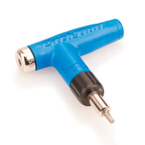 Beefy Adjustable Torque Driver For Bikes With 4 To 6 Nm Settings, Magnetic Bit Holder, All Metal Internal Construction, Includes 3mm 4mm 5mm And T25 Bits Stored In The Handle, Factory Calibrated In Minnesota. Close-up of blue tool with visible bit attached.