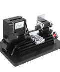 Fafeicy Mini 60W Metal Wood Turning Lathe With 3 Jaw Chuck compact design showing base and motor, ideal for DIY craft projects.