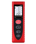 SagaSave Laser Measure, Digital Laser Distance Meter, view of red device with backlit LCD displaying measurements, compact design.