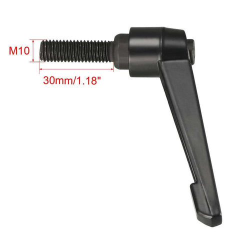 Side view of M10 30mm Adjustable Clamping Lever Handle With Push Button Locking Ratchet And Threaded Male Stud Knobs In Black Finish.