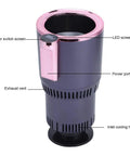 Premium Dual Action Car Beverage Warmer And Chiller Cup With Sharp Digital Temp Gauge 12 Volt Cigar Interface Aluminum Build, showing power switch screen and exhaust vent.