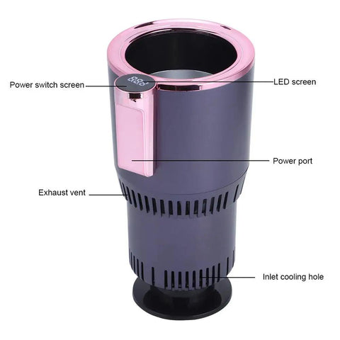 Premium Dual Action Car Beverage Warmer And Chiller Cup With Sharp Digital Temp Gauge 12 Volt Cigar Interface Aluminum Build, showing power switch screen and exhaust vent.