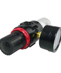 Close-up of Air Pressure Regulator With Mini Inline Filter And Oil Water Trap For Airbrush And Micro Compressors Includes Pressure Gauge And Moisture Separator G1/8 To G1/4 Adapters Essential Compressor Accessories, compact design with visible gauge.