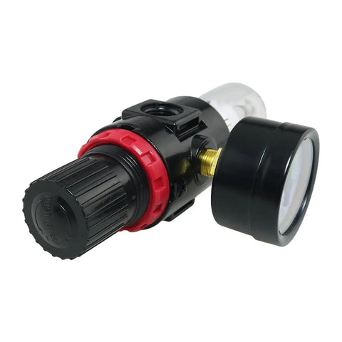 Close-up of Air Pressure Regulator With Mini Inline Filter And Oil Water Trap For Airbrush And Micro Compressors Includes Pressure Gauge And Moisture Separator G1/8 To G1/4 Adapters Essential Compressor Accessories, compact design with visible gauge.