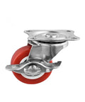 Pack Of 4 1.5 Inch Swivel Brake Casters With Flat Side Rollers Red PVC Wheels For Furniture And Coffee Tables, shown close-up view