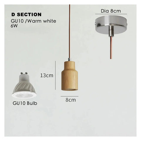 Wood LED Pendant Light Dining Room Furniture Hanging Light Restaurant Walnut Indoor Lights Beside GU10 LED showing size dimensions.