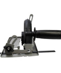 45 Degree Adjustable Angle Grinder Holder Base Bracket with Shield Cover, shown in metal frame with handle grip, side view.