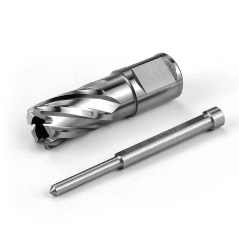 Annular cutter 11/16 in dia, 1 in depth, 3/4 in Weldon shank, 2 flats; pilot pin for magnetic drill press