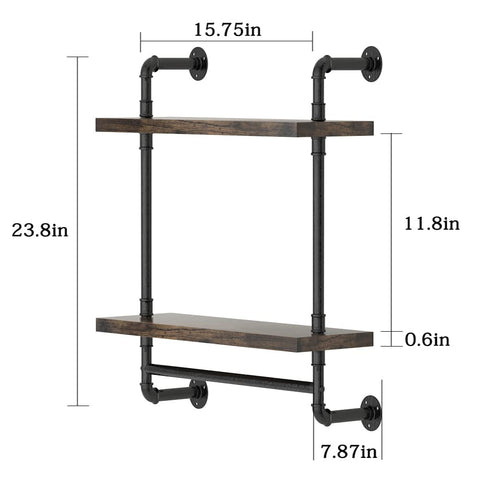 Heavy Duty Two Tier Industrial Pipe Wall Shelves With Rustic Wood And Vintage Towel Bar Straight Up Awesome Go To Storage Option For Bathroom And Farmhouse Living Room Decor, measuring 15.75in x 23.8in.