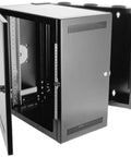 Rock Solid 26U Wall Mount Server Rack Cabinet With Swing Out Door Design showing open design for easy equipment access.