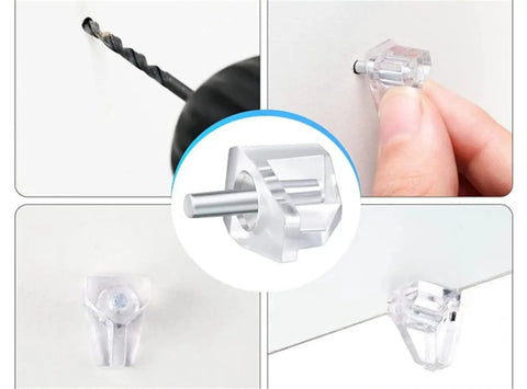Transparent Shelf Support Pins For Cabinets And Cupboards easy install with drill and hand placing steel peg in clear holder
