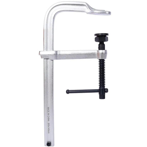 Heavy Duty 12 Inch F Clamp With Drop Forged Arm And Black Oxide Spindle For Woodworking Welding Metalworking DIY Projects With Quick Twist Pads That Hold Strong, silver finish and black spindle.
