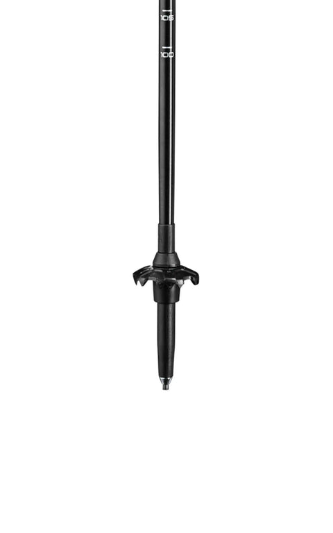 Lightweight Aluminum Backcountry Ski Poles With Adjustable 100-135 Cm, Speed Lock 2 Plus Locking, tip and basket detail, black color.