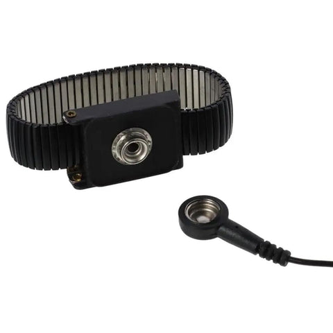 Extendable ESD Wrist Strap With Alligator Clip Grounding Wristband in black PU material, shown with detachable extra long cord.
