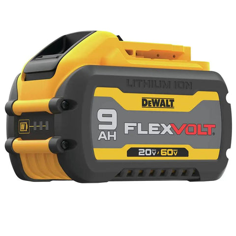 FlexVolt 60V Max Cordless Circular Saw With Brake, 9Ah battery for enhanced power, black and yellow design, side view.