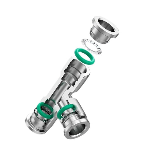 Exploded view of Heavy Duty 304 Stainless Steel Pneumatic Quick Connect Fittings Ten Piece Kit For Four Through Twelve Millimeter Air Lines.