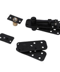 Heavy Duty Concealed Pivot Door Hinge Complete Hardware Kit Forged From Solid Stainless Steel Featuring Fully Adjustable Mounting Brackets For Flawless Interior Swinging Doors And An Easy As Pie Install That Holds Up To 570 Pounds, showing black hinge components.