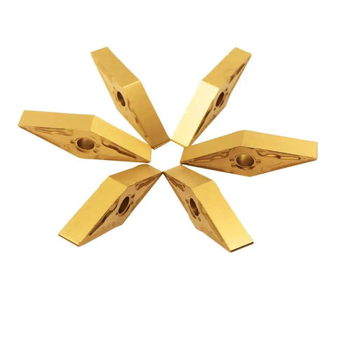 10 Pcs Pro Grade Carbide Inserts VNMG331 VNMG160404 VNMG332 VNMG160408 TiN Coated For MVJNR MVJNL MVVNN Tool Holders displayed in a star pattern.