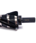 Close-up of Heavy Duty Four Spiral Flute Step Drill Bit Set for Metalworking in M35 Cobalt High Speed Steel by Panovos